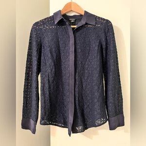 CLUB MONACO Women's Sheer Navy Blue Floral Lace Long Sleeve Button Down Shirt